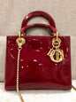 Lady Dior Medium Red Patent Leather Monogram Embossed Handbag Gold Hardware