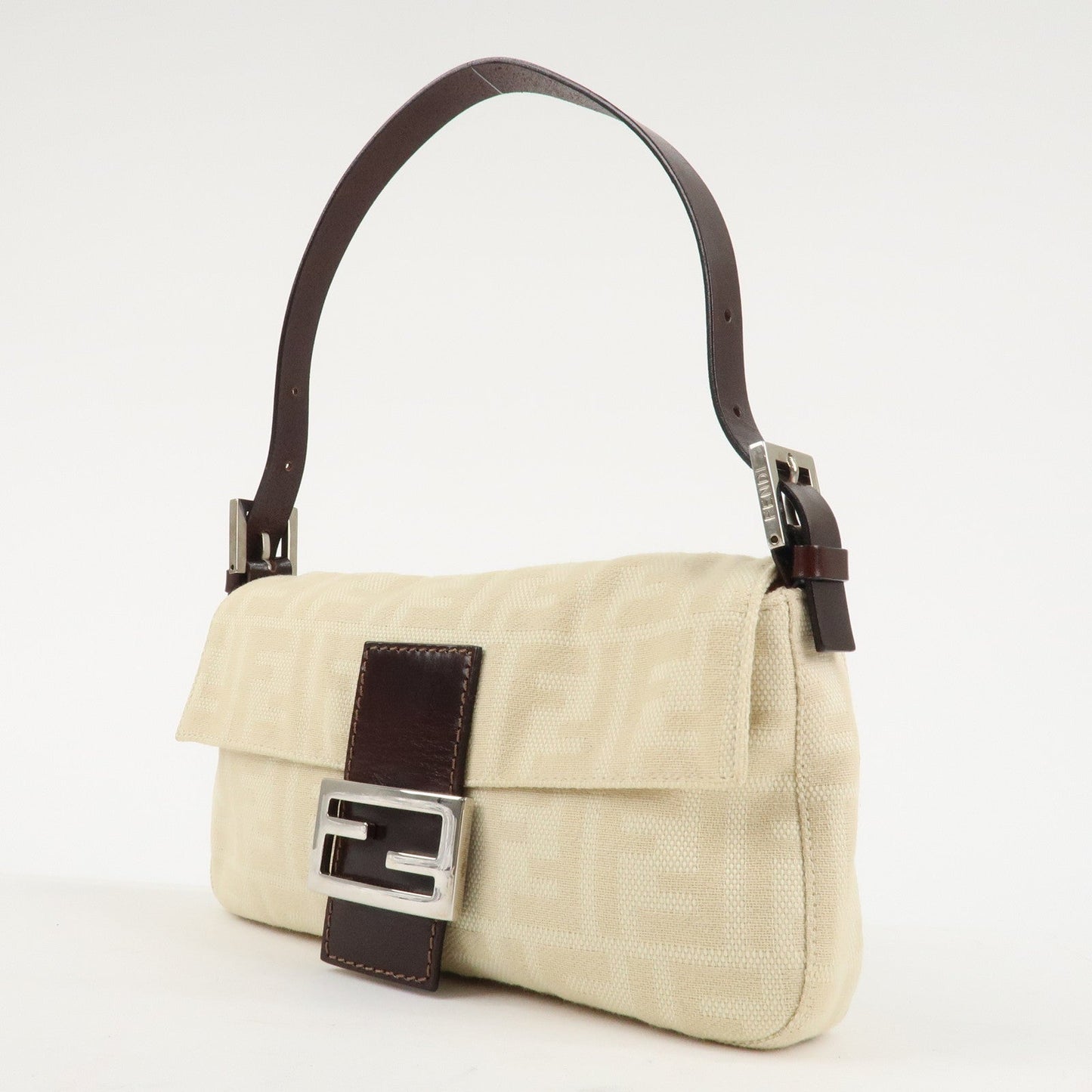 FENDI Mamma Baguette Zucca Canvas Leather Shoulder Bag Beige 26424