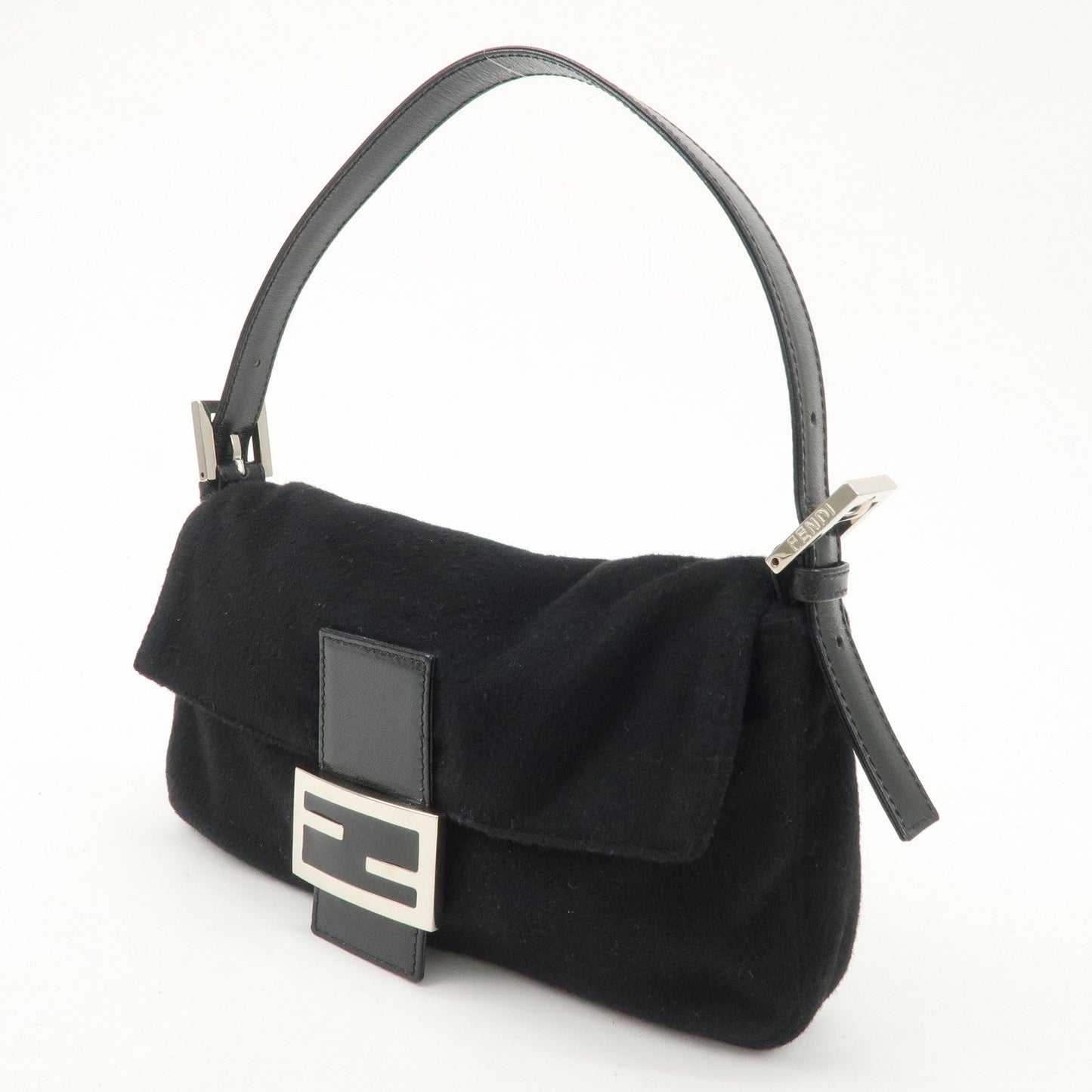 FENDI Mamma Baguette Cashmere Leather Shoulder Bag Black 26424