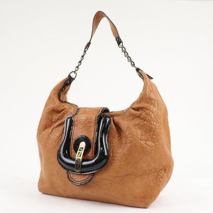 FENDI Leather Patent Leather Chain Shoulder Bag Brown 8BR563