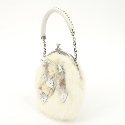 FENDI Seleria Leather Fur Flower Motif Kiss Lock Pouch Hand Bag 8BK048