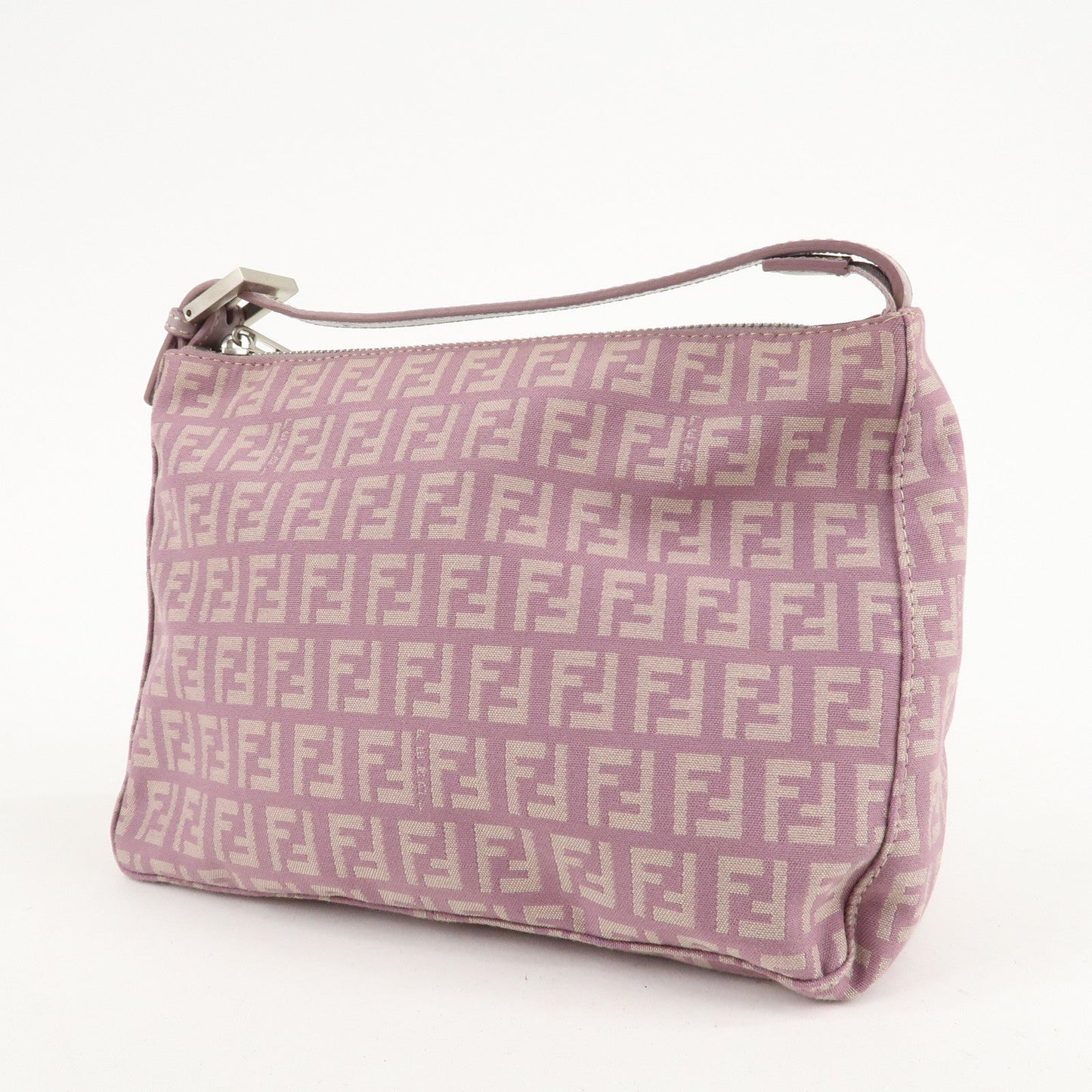 Auth FENDI Zucchino Canvas Leather Hand Bag Pouch Purple Beige 8N0005 F/S