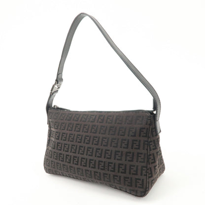 FENDI Zucchino Canvas Leather Shoulder Bag Dark Brown 8BR444