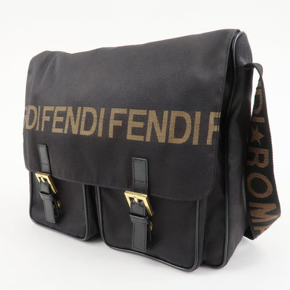 FENDI Nylon Canvas Leather Shoulder Bag Hand Bag Black Brown