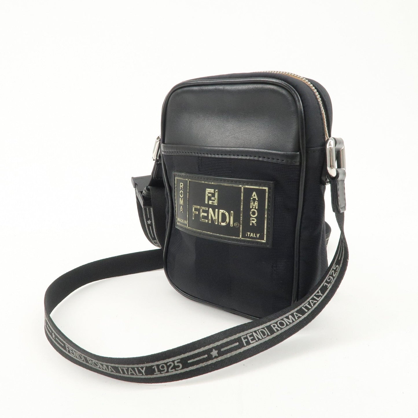 FENDI Pequin Nylon Leather Shoulder Bag Black 7VA456