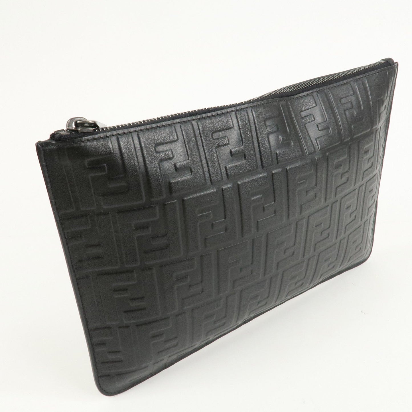 FENDI Zucca Leather Clutch Bag Hand Bag Black 7N0078