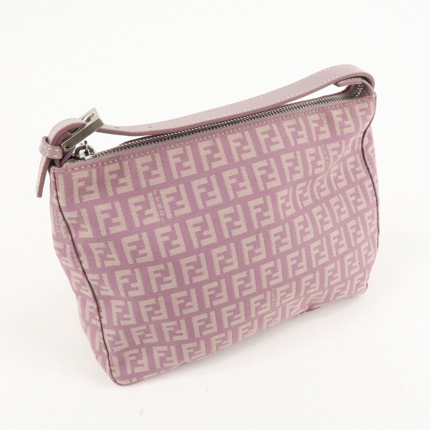 Auth FENDI Zucchino Canvas Leather Hand Bag Pouch Purple Beige 8N0005 F/S