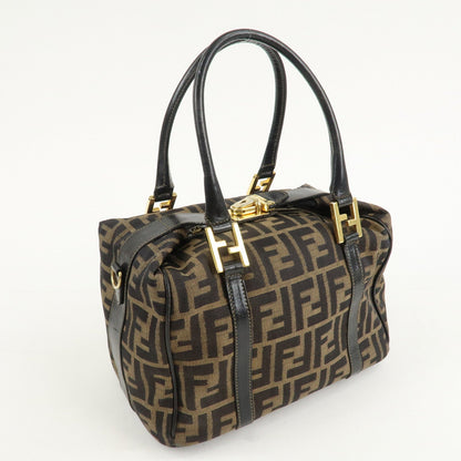 FENDI Zucca Canvas Leather Boston Bag Hand Bag Brown Black