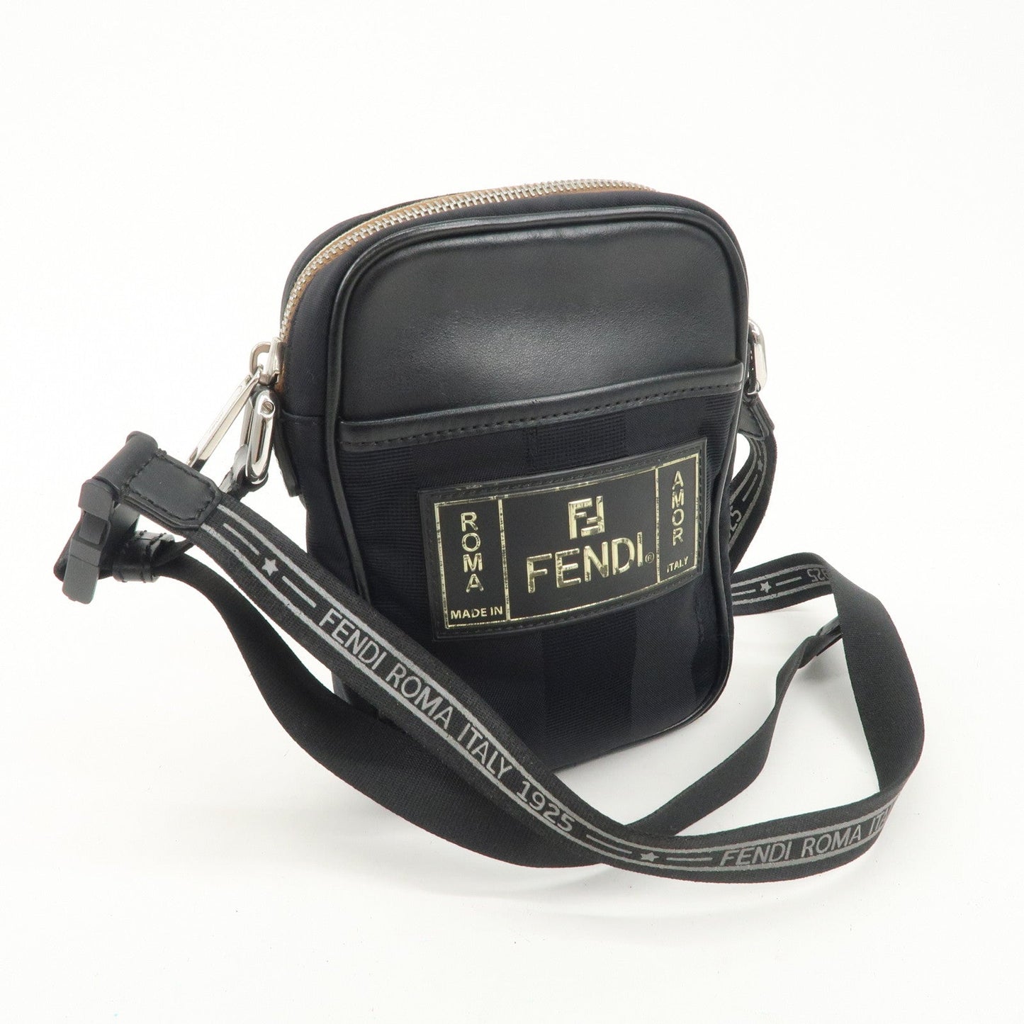 FENDI Pequin Nylon Leather Shoulder Bag Black 7VA456