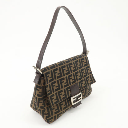 FENDI Mamma Baguette Canvas Leather Shoulder Bag Silver HDW 26325