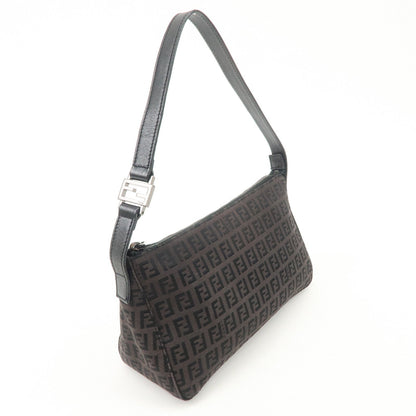 FENDI Zucchino Canvas Leather Shoulder Bag Dark Brown 8BR444