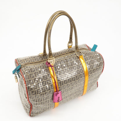 FENDI Zucchino Canvas Leather Beaded Boston Bag 8BL099