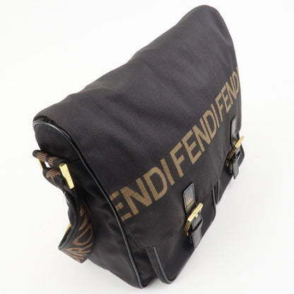 FENDI Nylon Canvas Leather Shoulder Bag Hand Bag Black Brown