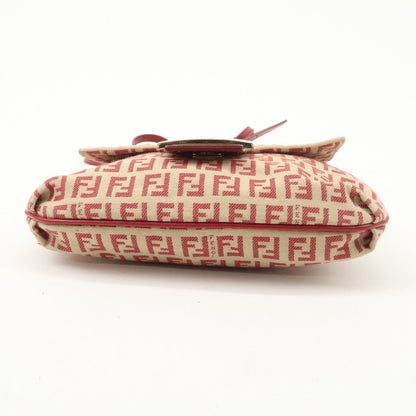 FENDI Zucchino Canvas Leather Shoulder Bag Beige Red 8BT075