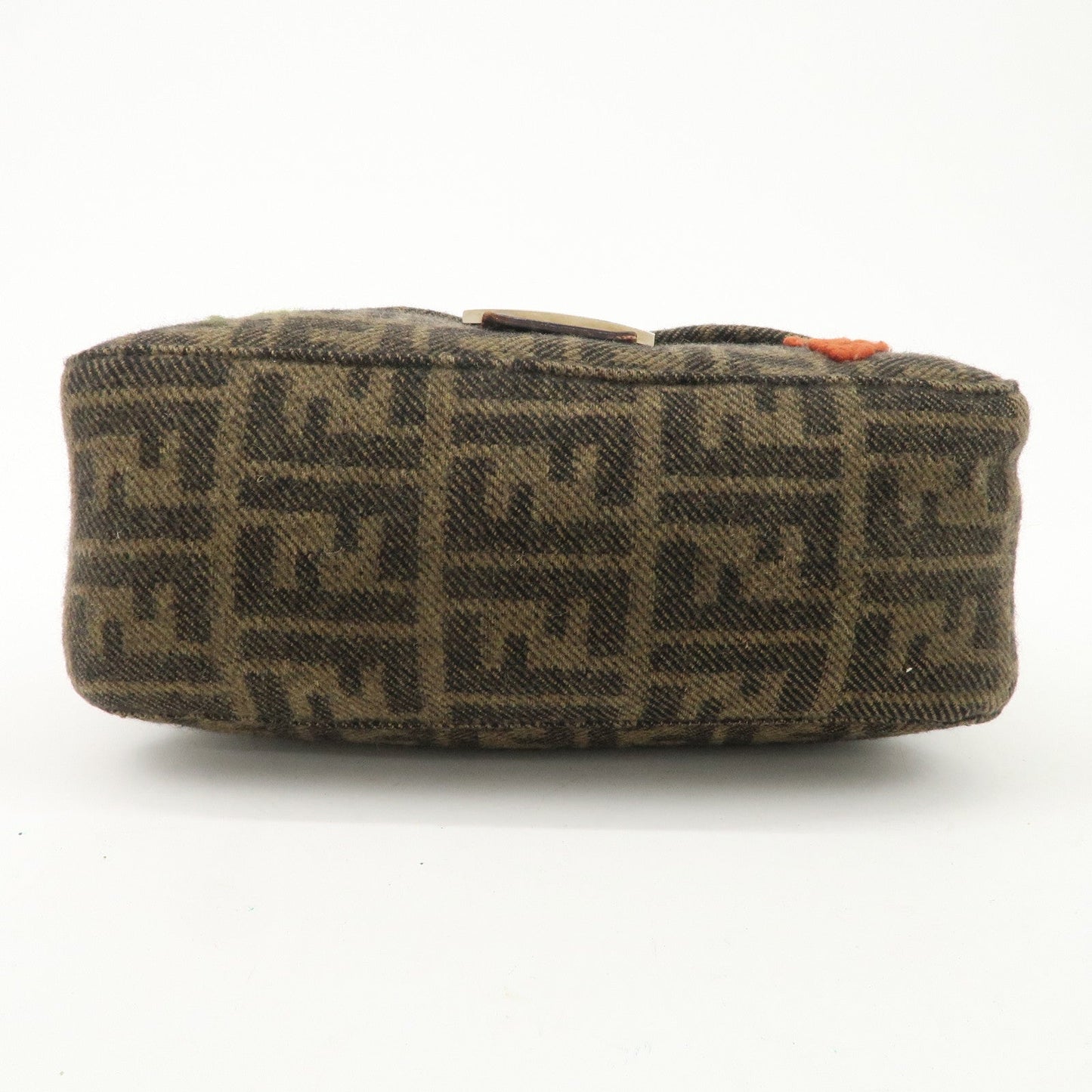 FENDI Mamma Baguette Wool Leather Shoulder Bag Tree Motif Khaki