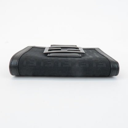 FENDI Zucchino Canvas Leather Double Hook Wallet Black 8M0035
