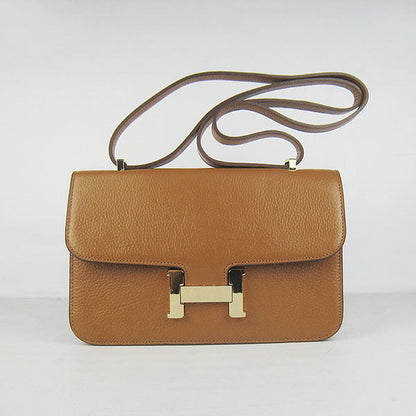 Luxury Hermes Calf Leather Message Bag Light Coffee Golden