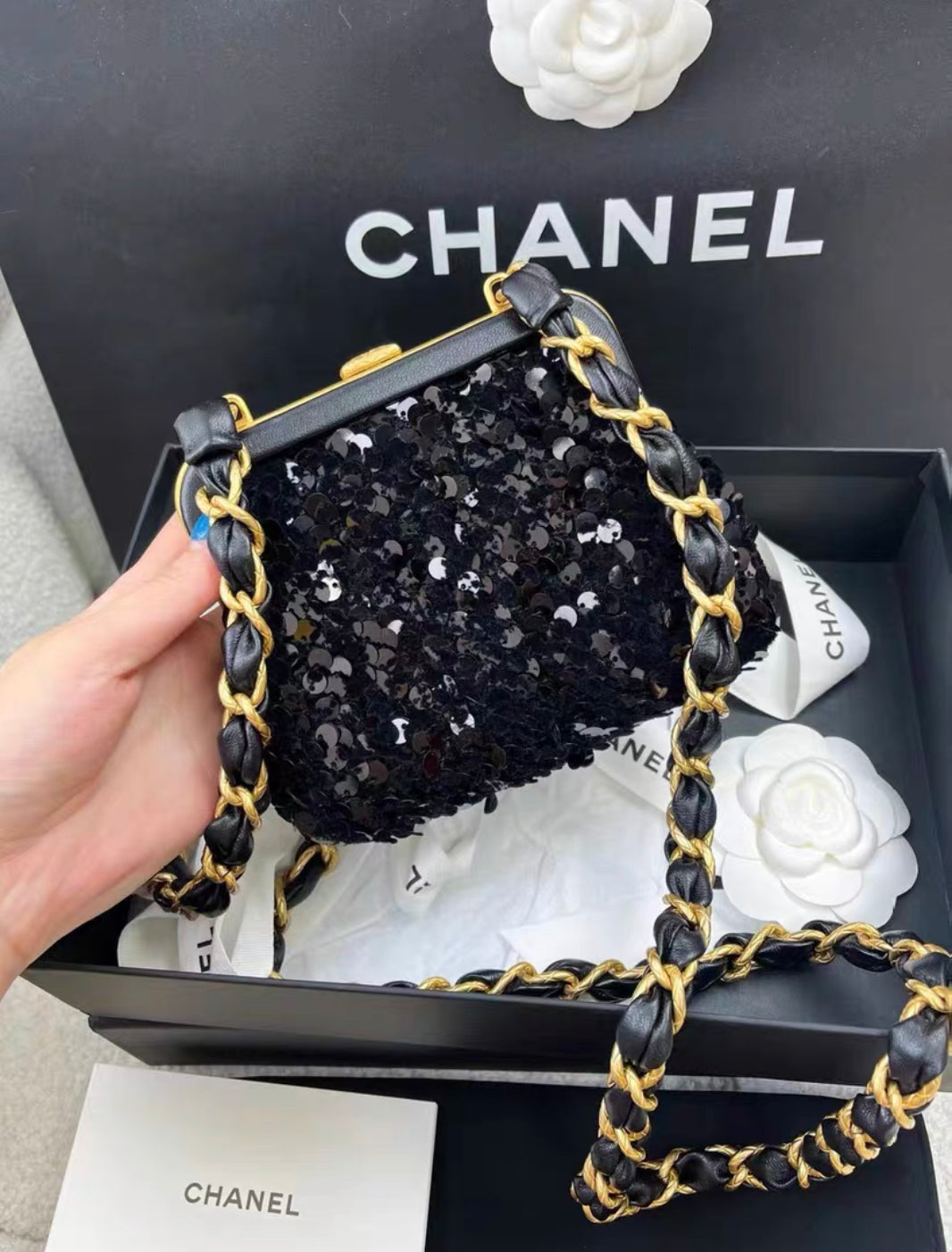 Chanel Metiers D Art 24A Black Sequin Tweed Evening Mini Clutch Bag With Bow
