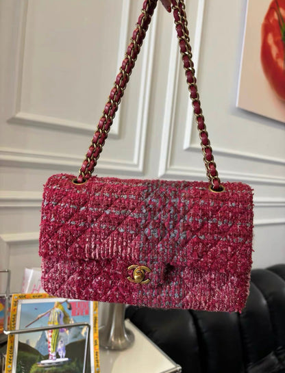 Chanel Burgundy Red And Multicolor Tweed Medium Classic Flap Bag Gold Hardware Rare Model