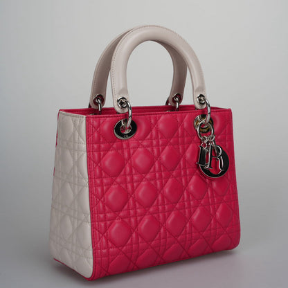 Christian Dior Lady Dior Bag Cannage Medium Handbag In Lambskin Leather Red White