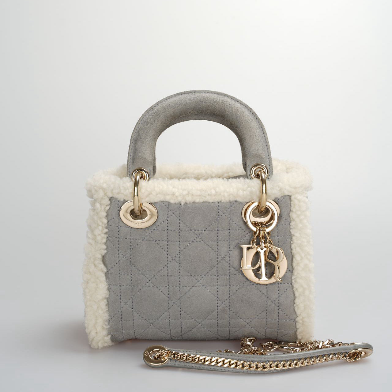 Christian Dior Lady Dior 2020 Mini Suede Shearling Cannage Lady Dior Satchel