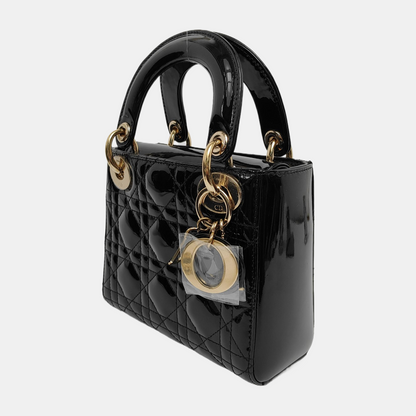 Lady Dior Mini Black Patent Leather Bag with gold hardware Chain Strap