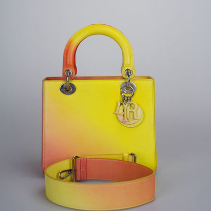 Christian Dior Lady Dior Medium Bag In Gradient Yellow And Orange Box Calf Leather