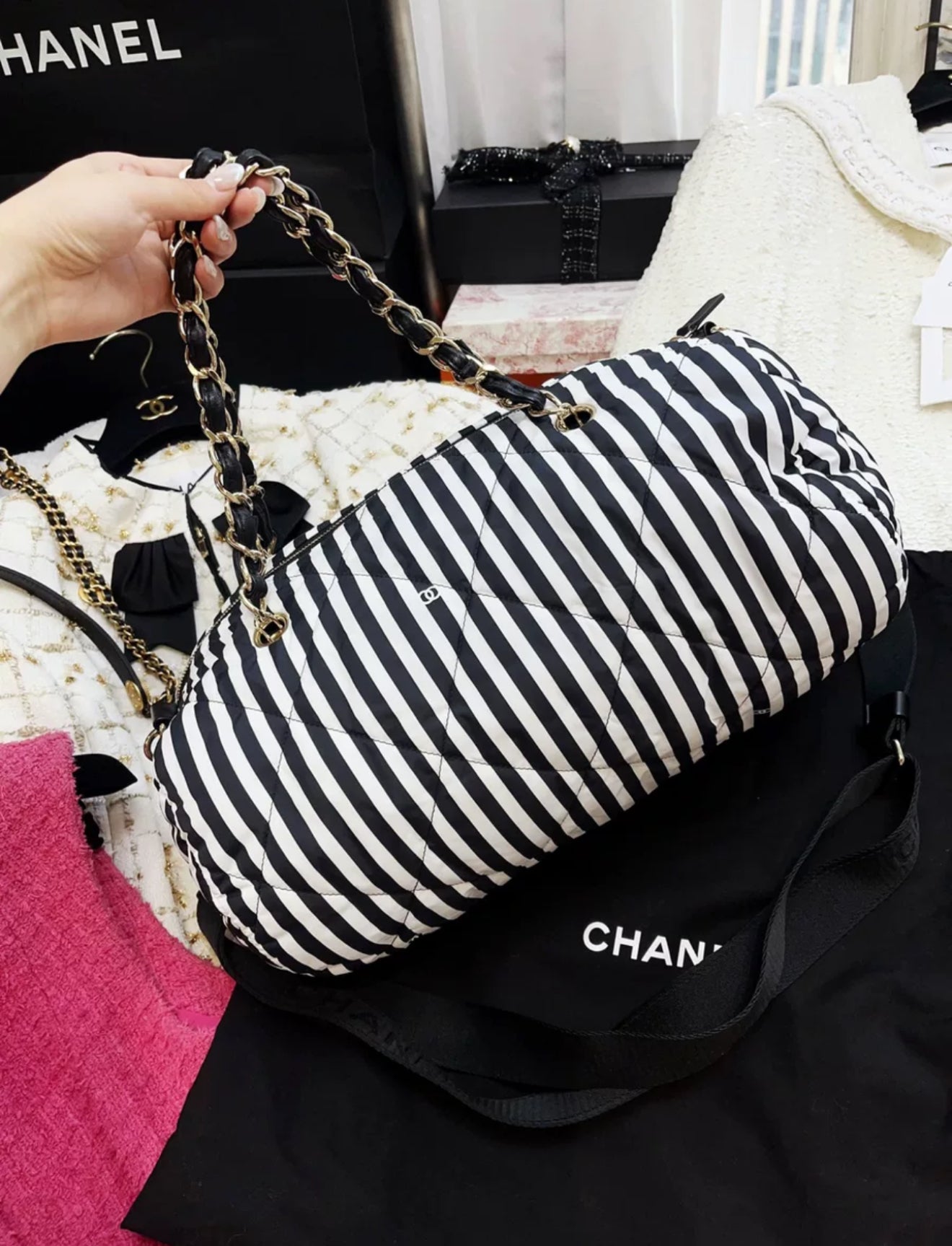 Chanel 24M Coco Beach Black And White Striped Bowling Bag