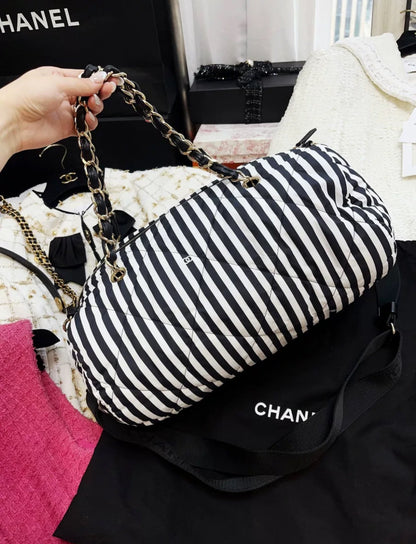 Chanel 24M Coco Beach Black And White Striped Bowling Bag