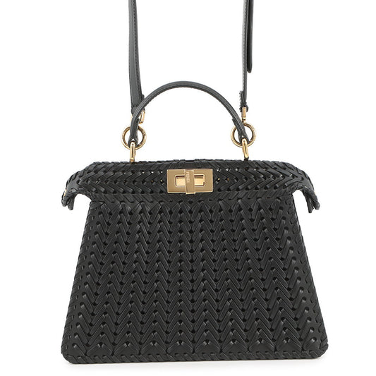 FENDI Peekaboo ISeeU Braided Black8BN327 Leather Size Small