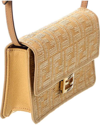 Fendi Baguette Ff Jacquard Raffia & Leather Wallet On Chain