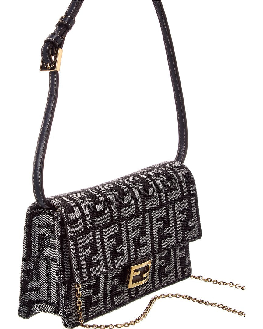 Fendi Baguette Ff Denim & Leather Wallet On Chain