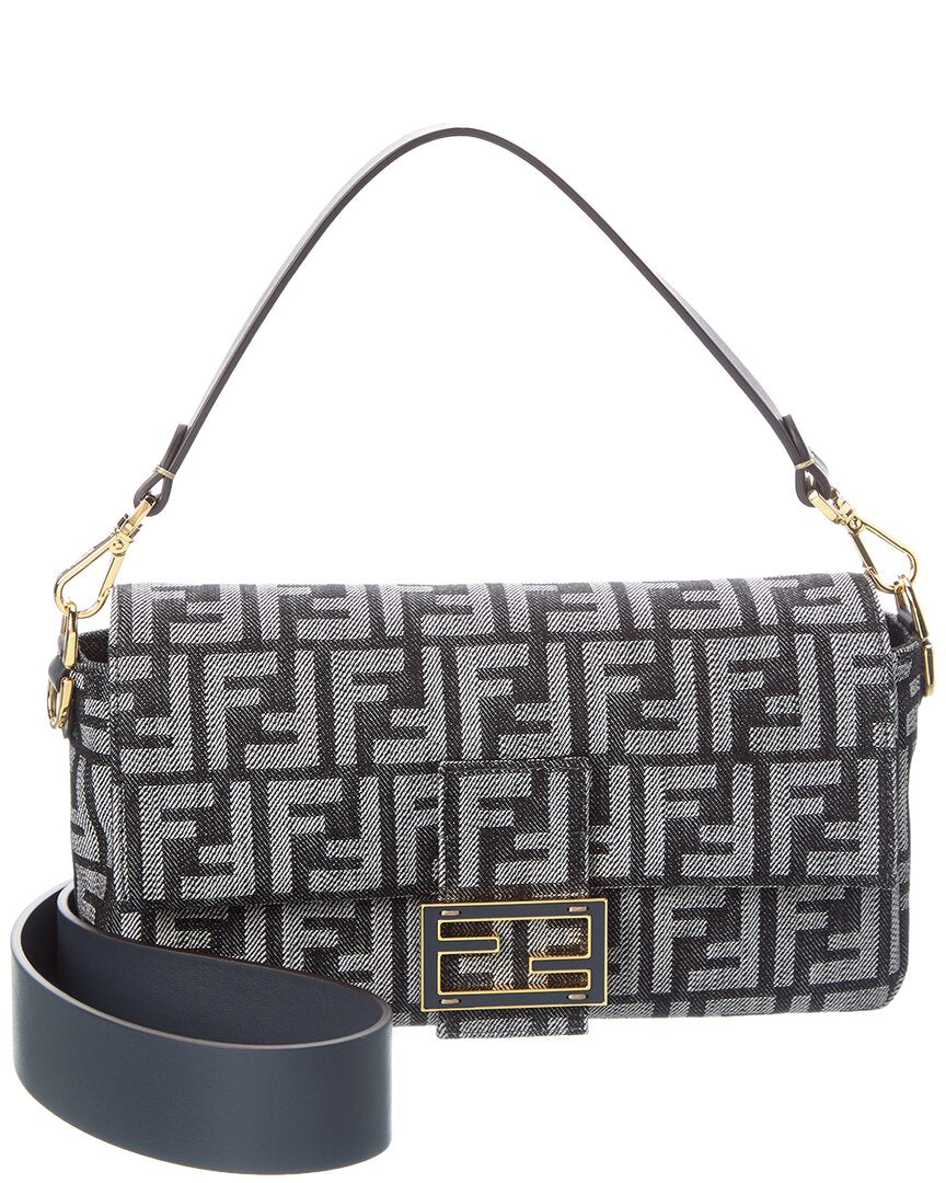 Fendi Baguette Ff Denim Jacquard & Leather Shoulder Bag