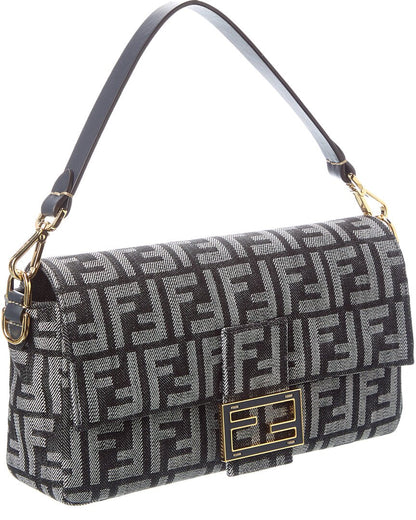 Fendi Baguette Ff Denim Jacquard & Leather Shoulder Bag
