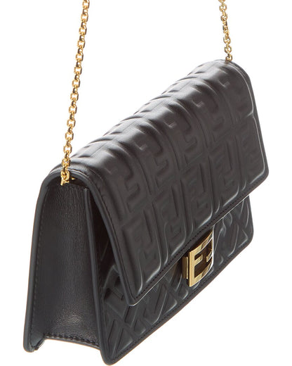 Fendi Baguette Ff Leather Wallet On Chain, Black