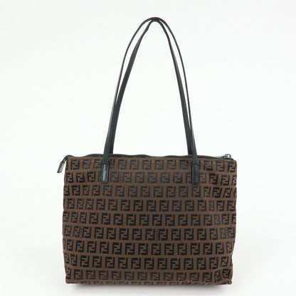 FENDI Zucchino Canvas Leather Tote Shoulder Bag Brown Black 8BH023