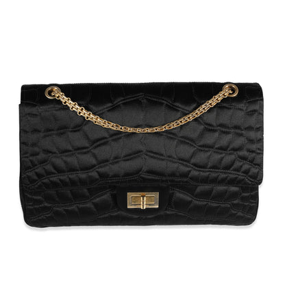 Chanel Black Crocodile Stitch Satin Reissue 2.55 227 Double Flap Bag