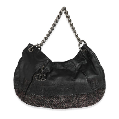 Chanel Black Tweed Leather Coco Pleats Hobo