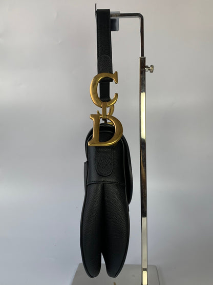 Dior Saddle Black Medium Grained Leather Handbag with Gold Hardware