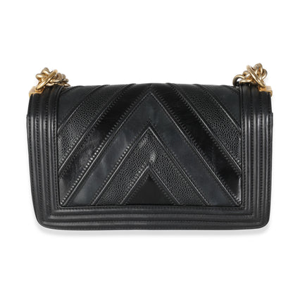 Chanel Black Calfskin Caviar In The Mix Chevron Old Medium Boy Bag