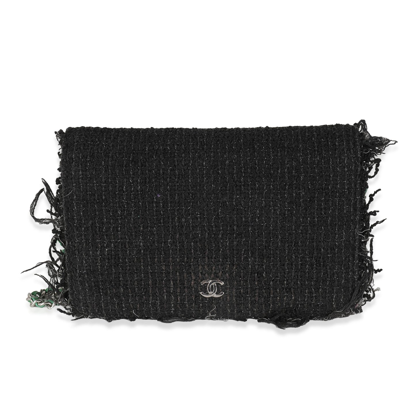 Chanel Black Green Frayed Tweed Robot Wallet On Chain