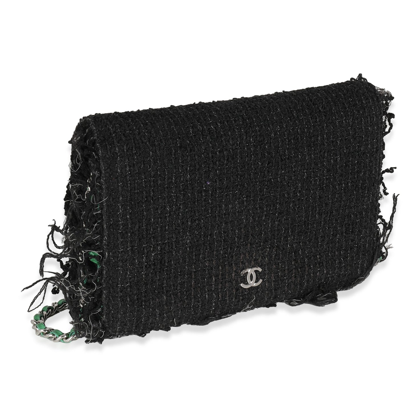 Chanel Black Green Frayed Tweed Robot Wallet On Chain