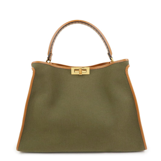 FENDI Peekaoo Canvas Leather Hand Bag Khaki Brown 8BN304