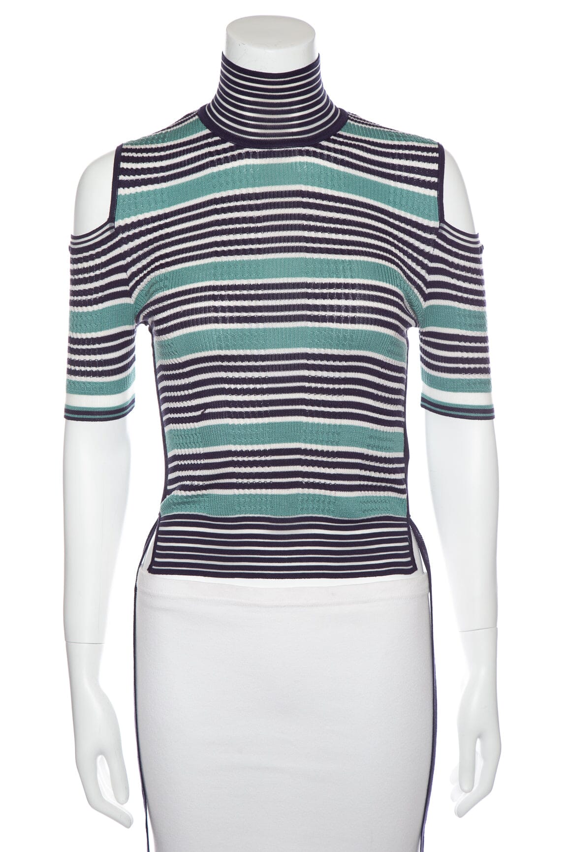 Fendi Teal and Blue Striped Mock Neck Cold Shoulder Top SZ 38