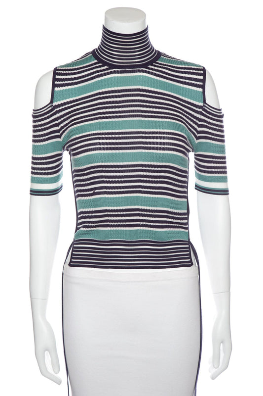 Fendi Teal and Blue Striped Mock Neck Cold Shoulder Top SZ 38