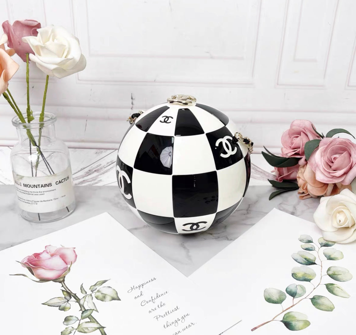 Chanel Black And White Resin And Enamel Checker Sphere Minaudiere Pale Gold Hardware 2023