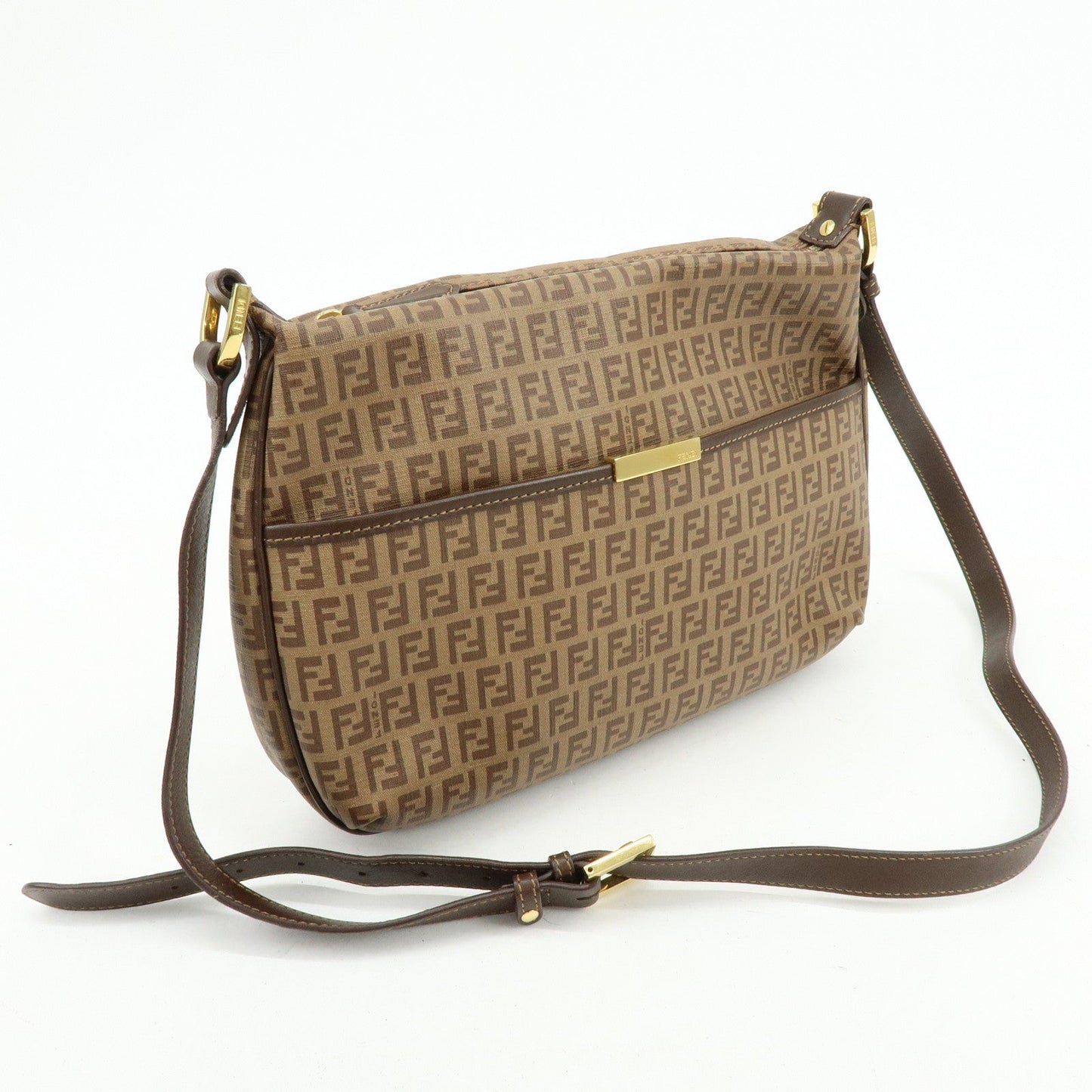 FENDI Zucchino PVC Leather Shoulder Bag Crossbody Bag Brown 8BT206
