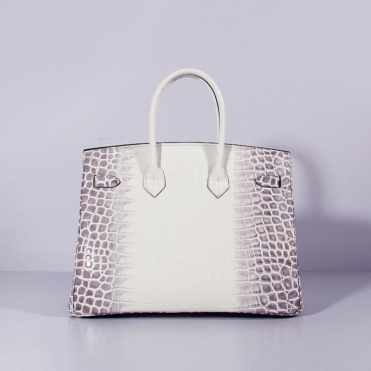 Luxury Hermes Birkin 35Cm Crocodile Leather Handbag Grey White Gold