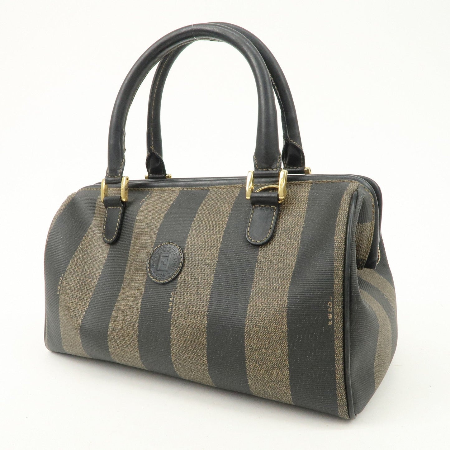 FENDI Pequin PVC Canvas Hand Bag Boston Bag Black Brown