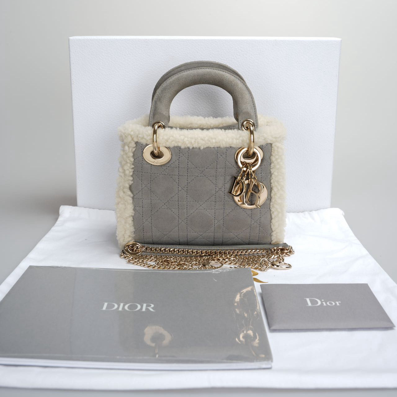 Christian Dior Lady Dior 2020 Mini Suede Shearling Cannage Lady Dior Satchel